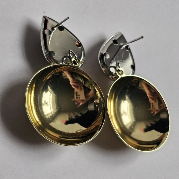 Two gold and silver tone geometric drop fashion earrings NWOT - Picture 2 of 4